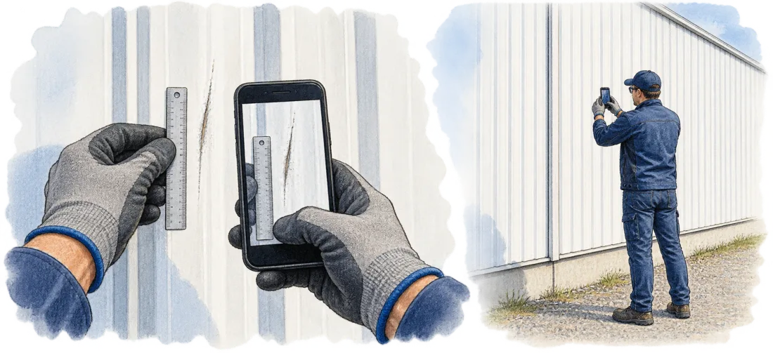 Instructions illustrées : gros plan de la rayure avec échelle et photo du panneau entier prise avec du recul